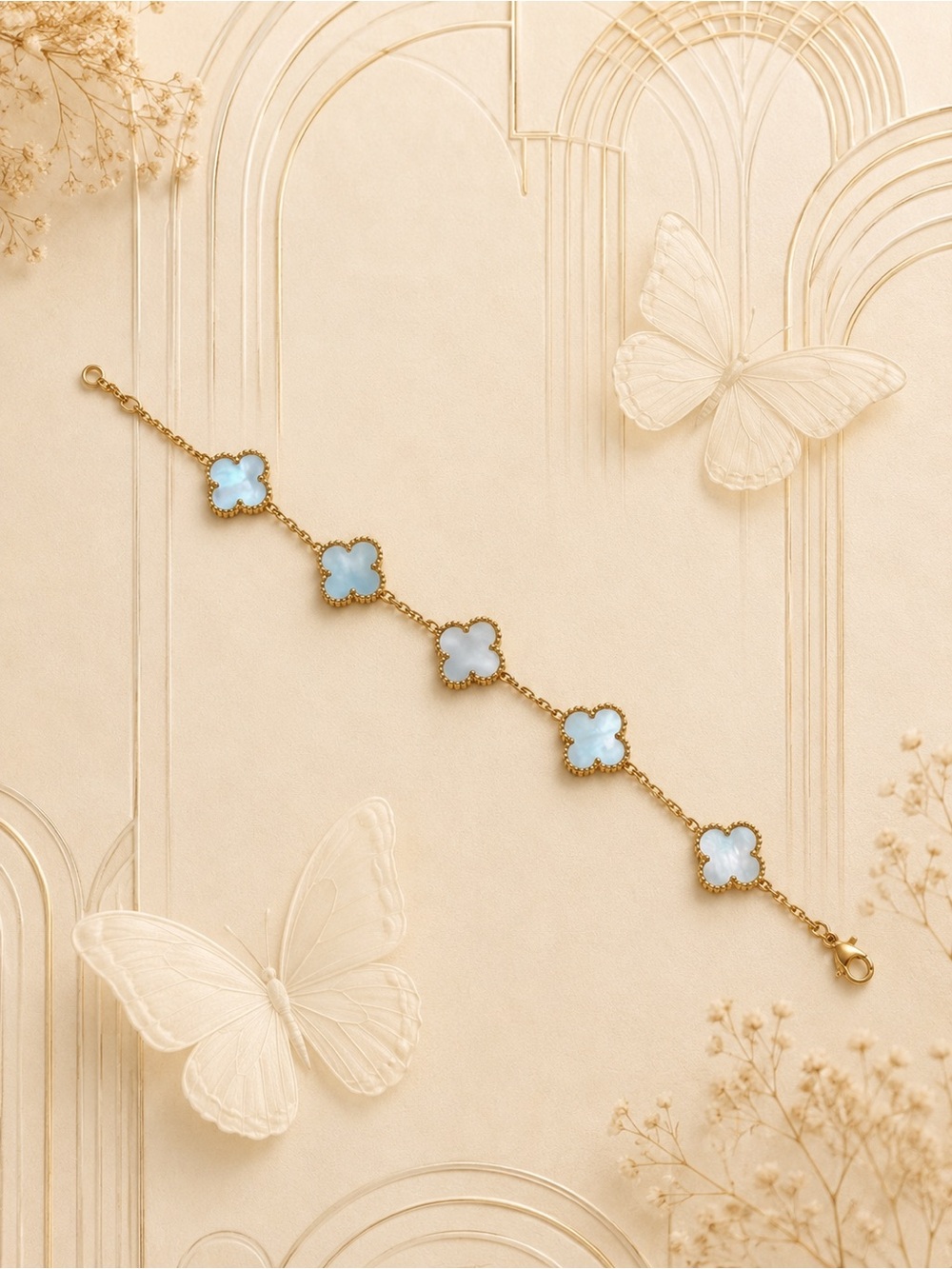 🆕🆕🆕Gold Bracelet with Light Blue MOP Clover Motifs
